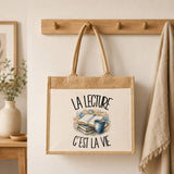 Sac Cabas Jute avec Poche La lecture c'est la vie