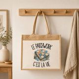 Sac Cabas Jute avec Poche Le patchwork c'est la vie