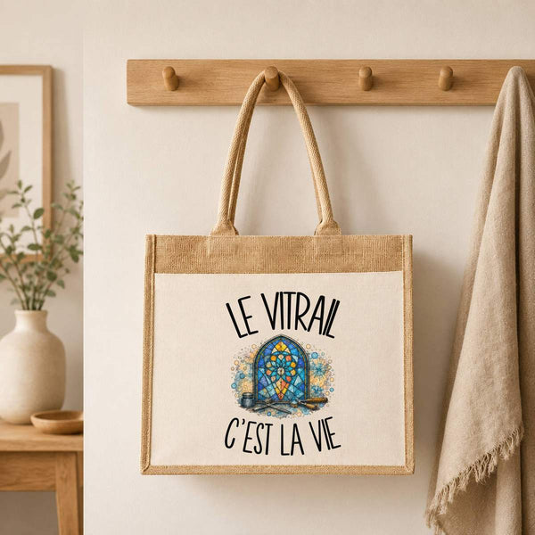Sac Cabas Jute avec Poche Le vitrail c'est la vie
