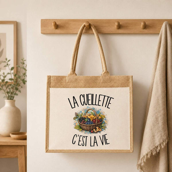 Sac Cabas Jute avec Poche La cueillette c'est la vie