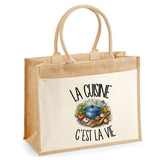 Sac Cabas Jute avec Poche La cuisine c'est la vie