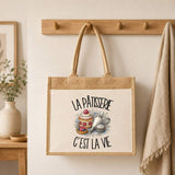 Sac Cabas Jute avec Poche La pâtisserie c'est la vie
