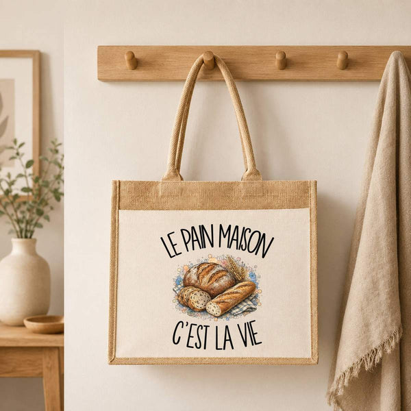 Sac Cabas Jute avec Poche Le pain maison c'est la vie