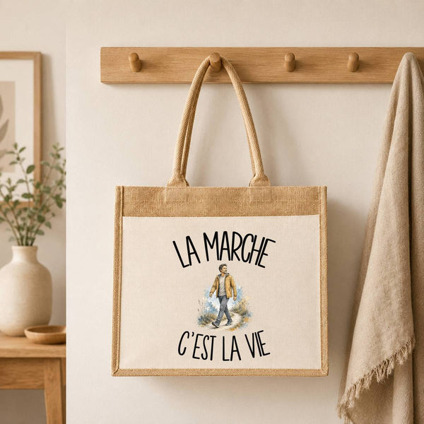 Sac Cabas Jute avec Poche La marche c'est la vie