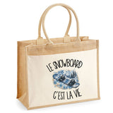 Sac Cabas Jute avec Poche Le snowboard c'est la vie