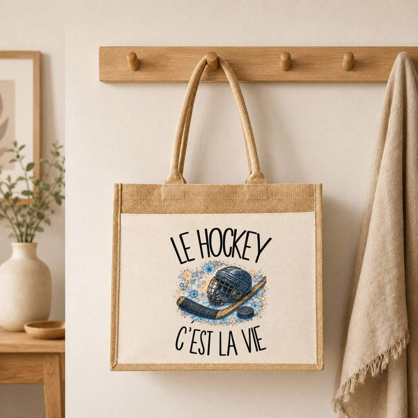 Sac Cabas Jute avec Poche Le hockey c'est la vie