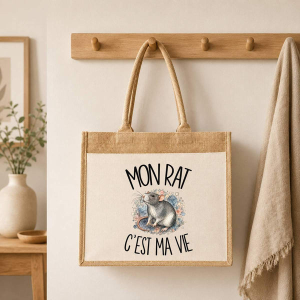 Sac Cabas Jute avec Poche Mon rat c'est ma vie