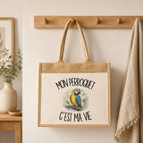 Sac Cabas Jute avec Poche Mon perroquet c'est ma vie