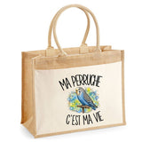 Sac Cabas Jute avec Poche Ma perruche c'est ma vie