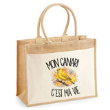 Sac Cabas Jute avec Poche Mon canari c'est ma vie