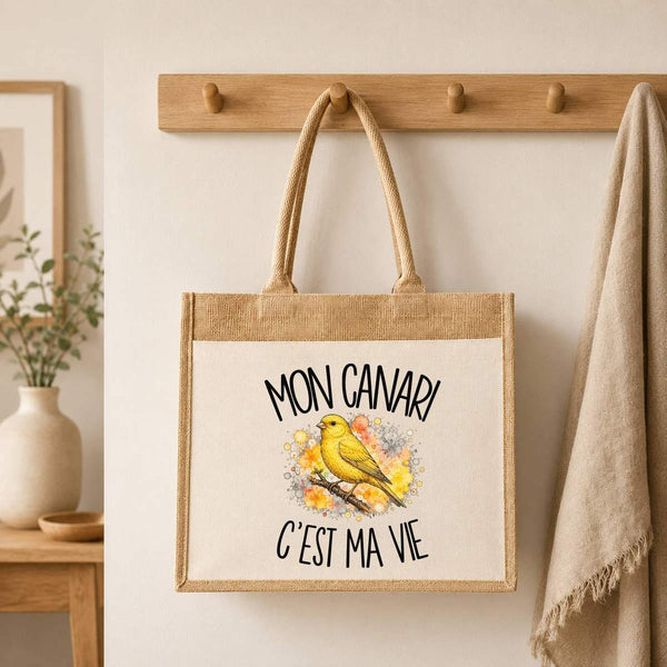 Sac Cabas Jute avec Poche Mon canari c'est ma vie