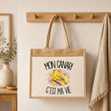 Sac Cabas Jute avec Poche Mon canari c'est ma vie