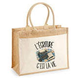 Sac Cabas Jute avec Poche L'écriture c'est la vie