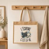 Sac Cabas Jute avec Poche L'écriture c'est la vie