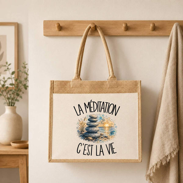 Sac Cabas Jute avec Poche La méditation c'est la vie