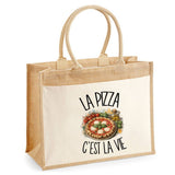 Sac Cabas Jute avec Poche La pizza c'est la vie