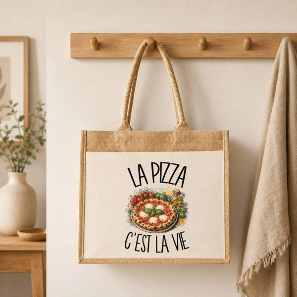 Sac Cabas Jute avec Poche La pizza c'est la vie