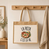 Sac Cabas Jute avec Poche La pizza c'est la vie