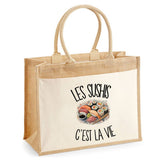 Sac Cabas Jute avec Poche Les sushis c'est la vie