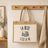 Sac Cabas Jute avec Poche La sieste c'est la vie