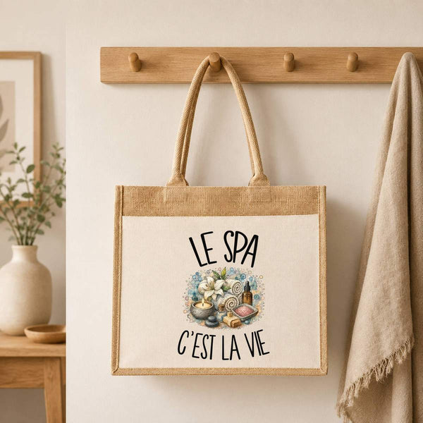 Sac Cabas Jute avec Poche Le spa c'est la vie