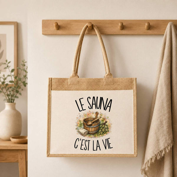 Sac Cabas Jute avec Poche Le sauna c'est la vie