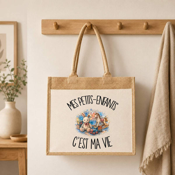 Sac Cabas Jute avec Poche Mes petits-enfants c'est ma vie