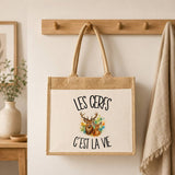 Sac Cabas Jute avec Poche Les cerfs c'est la vie