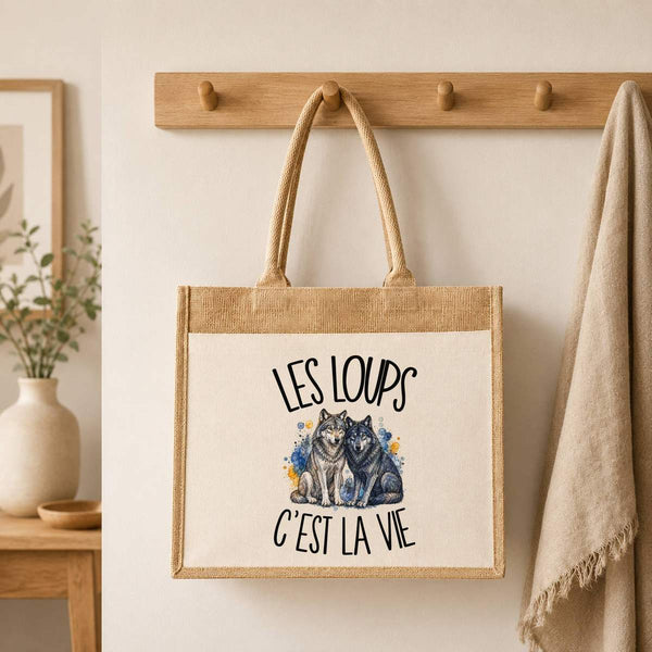 Sac Cabas Jute avec Poche Les loups c'est la vie