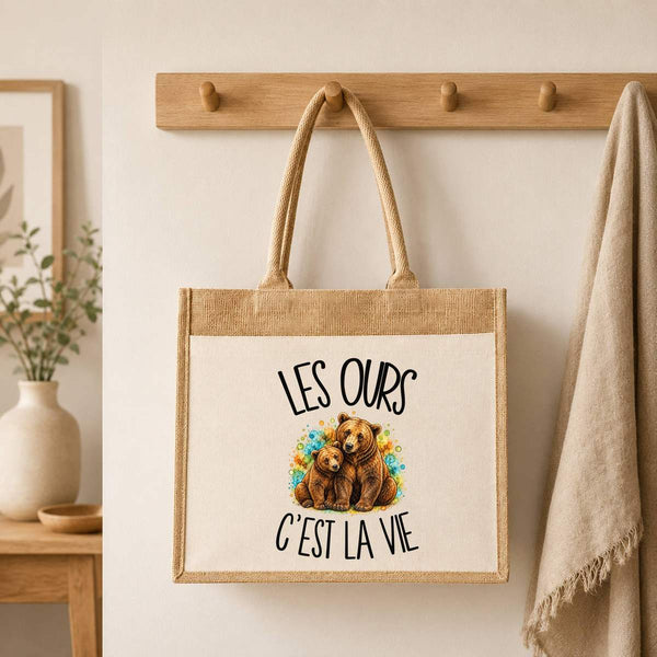 Sac Cabas Jute avec Poche Les ours c'est la vie