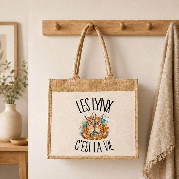 Sac Cabas Jute avec Poche Les lynx c'est la vie