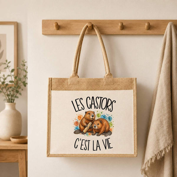 Sac Cabas Jute avec Poche Les castors c'est la vie