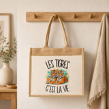 Sac Cabas Jute avec Poche Les tigres c'est la vie