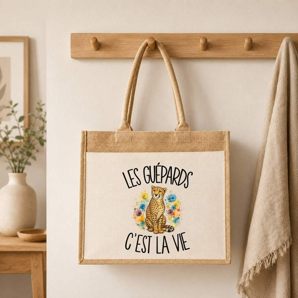 Sac Cabas Jute avec Poche Les guépards c'est la vie