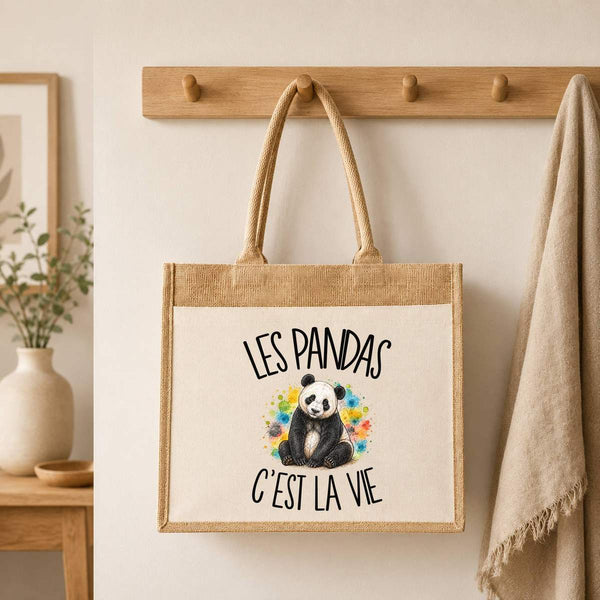 Sac Cabas Jute avec Poche Les pandas c'est la vie
