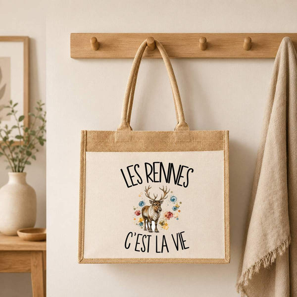 Sac Cabas Jute avec Poche Les rennes c'est la vie