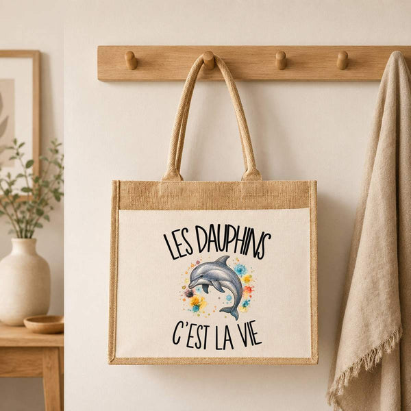 Sac Cabas Jute avec Poche Les dauphins c'est la vie