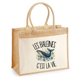 Sac Cabas Jute avec Poche Les baleines c'est la vie