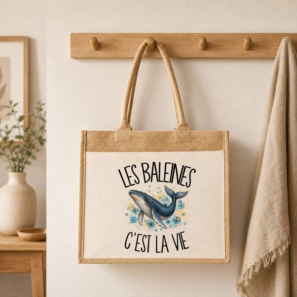 Sac Cabas Jute avec Poche Les baleines c'est la vie