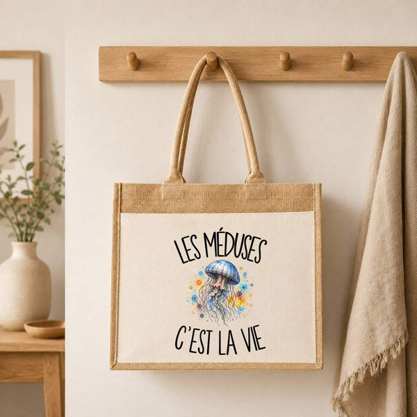 Sac Cabas Jute avec Poche Les méduses c'est la vie