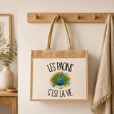 Sac Cabas Jute avec Poche Les paons c'est la vie