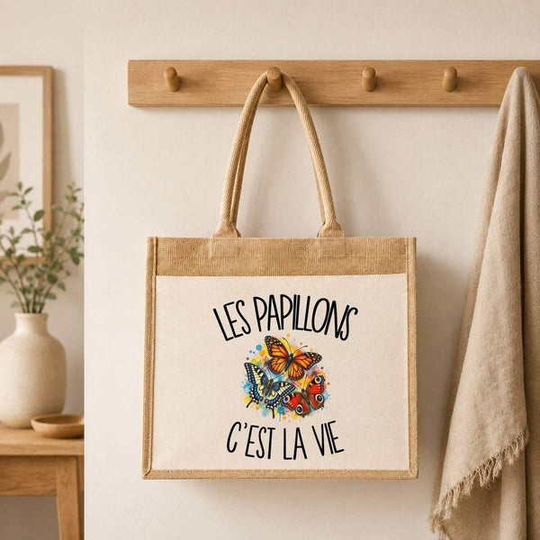 Sac Cabas Jute avec Poche Les papillons c'est la vie