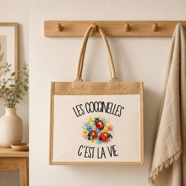 Sac Cabas Jute avec Poche Les coccinelles c'est la vie