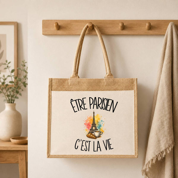 Sac Cabas Jute avec Poche Être parisien c'est la vie
