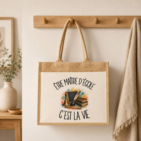 Sac Cabas Jute avec Poche Être maître d'école c'est la vie