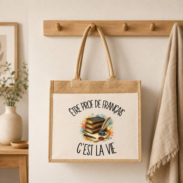 Sac Cabas Jute avec Poche Être prof de français c'est la vie