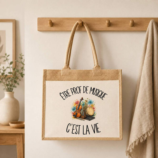 Sac Cabas Jute avec Poche Être prof de musique c'est la vie