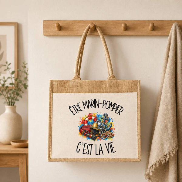 Sac Cabas Jute avec Poche Être marin-pompier c'est la vie