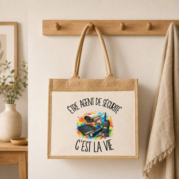 Sac Cabas Jute avec Poche Être agent de sécurité c'est la vie