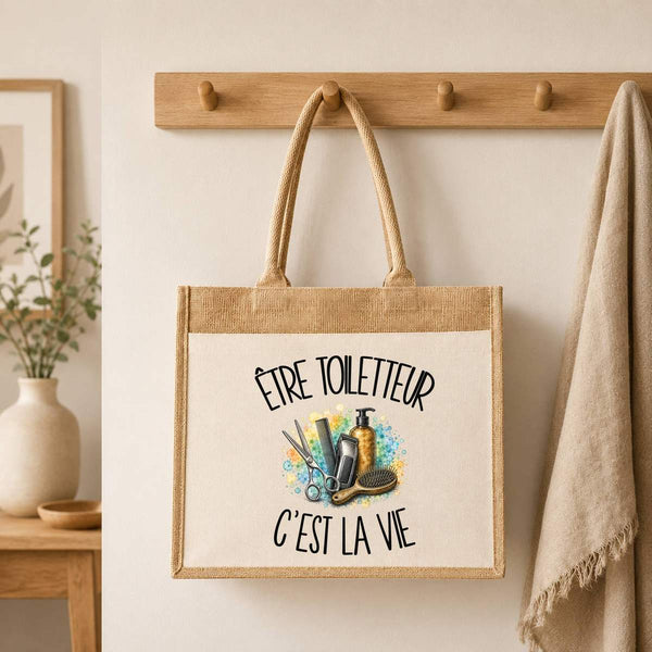 Sac Cabas Jute avec Poche Être toiletteur c'est la vie